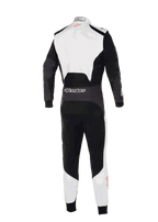 Alpinestars KMX-5 V3 Anzug, Rückansicht eines professionellen Kart-Anzugs, Weiß, Schwarz und leuchtendes Rot, mit weißem oberen Rücken und unteren Beinen, schwarzen Hauptpaneelen, Alpinestars-Branding an der hinteren Taille, ergonomisches Design für professionellen Rennsport.