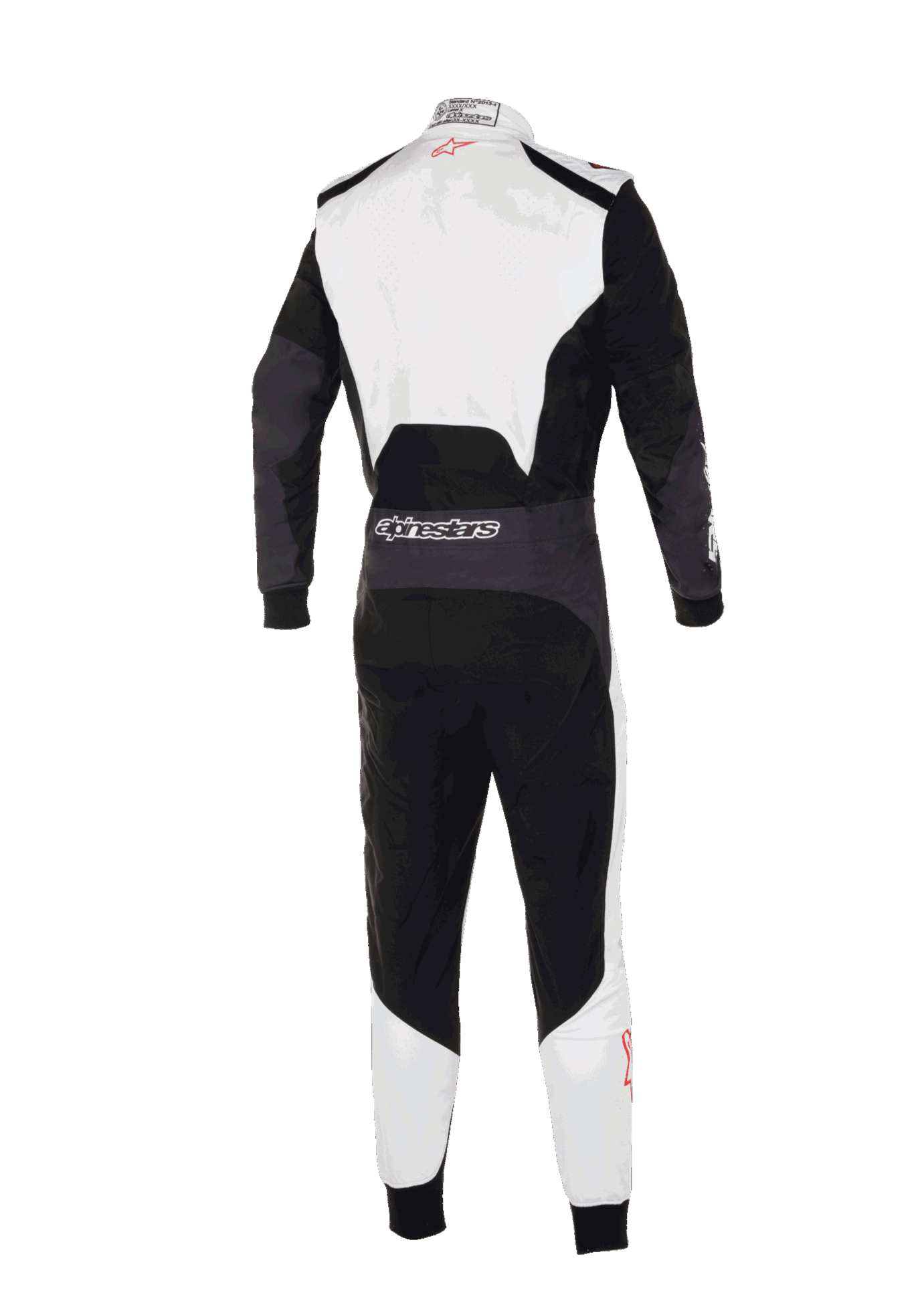 Alpinestars KMX-5 V3 Anzug, Rückansicht eines professionellen Kart-Anzugs, Weiß, Schwarz und leuchtendes Rot, mit weißem oberen Rücken und unteren Beinen, schwarzen Hauptpaneelen, Alpinestars-Branding an der hinteren Taille, ergonomisches Design für professionellen Rennsport.
