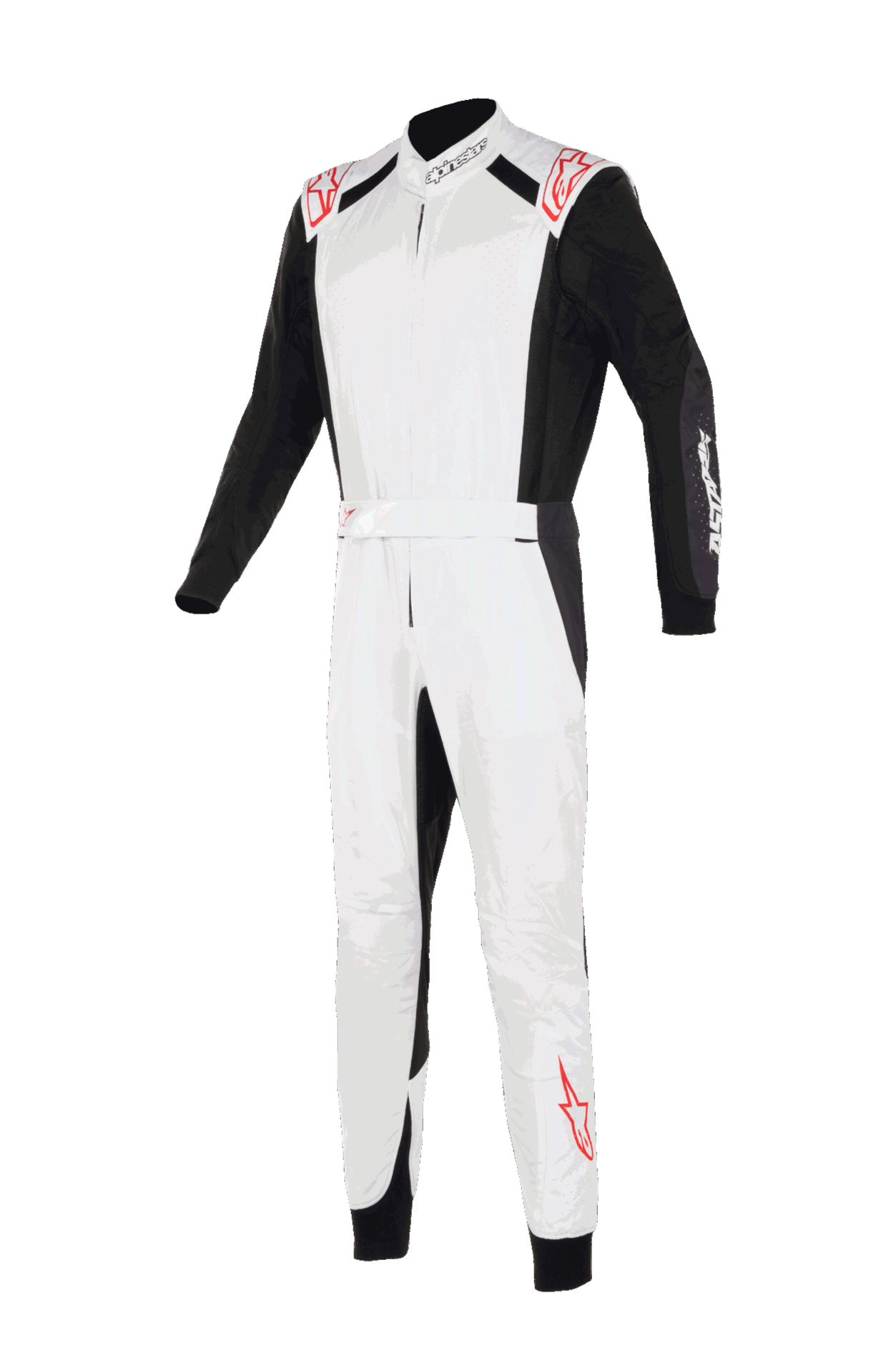 Alpinestars KMX-5 V3 Anzug, Karting-Anzug, Weiß, Schwarz und Hellrot, Vorderansicht, mit weißem Brustbereich und Beinen sowie schwarzen Ärmeln und Seiteneinsätzen, rote Stern-Logos auf den Schultern und am Unterschenkel, professionelles Renndesign für den Kartsport.
