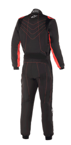Alpinestars KMX-9 V3 Anzug, Kart-Anzug, Schwarz und Fluo-Rot, Rückansicht mit roten Nahtmustern und weißem Astars-Logo am Kragen, professionelle Motorsport-Rennbekleidung