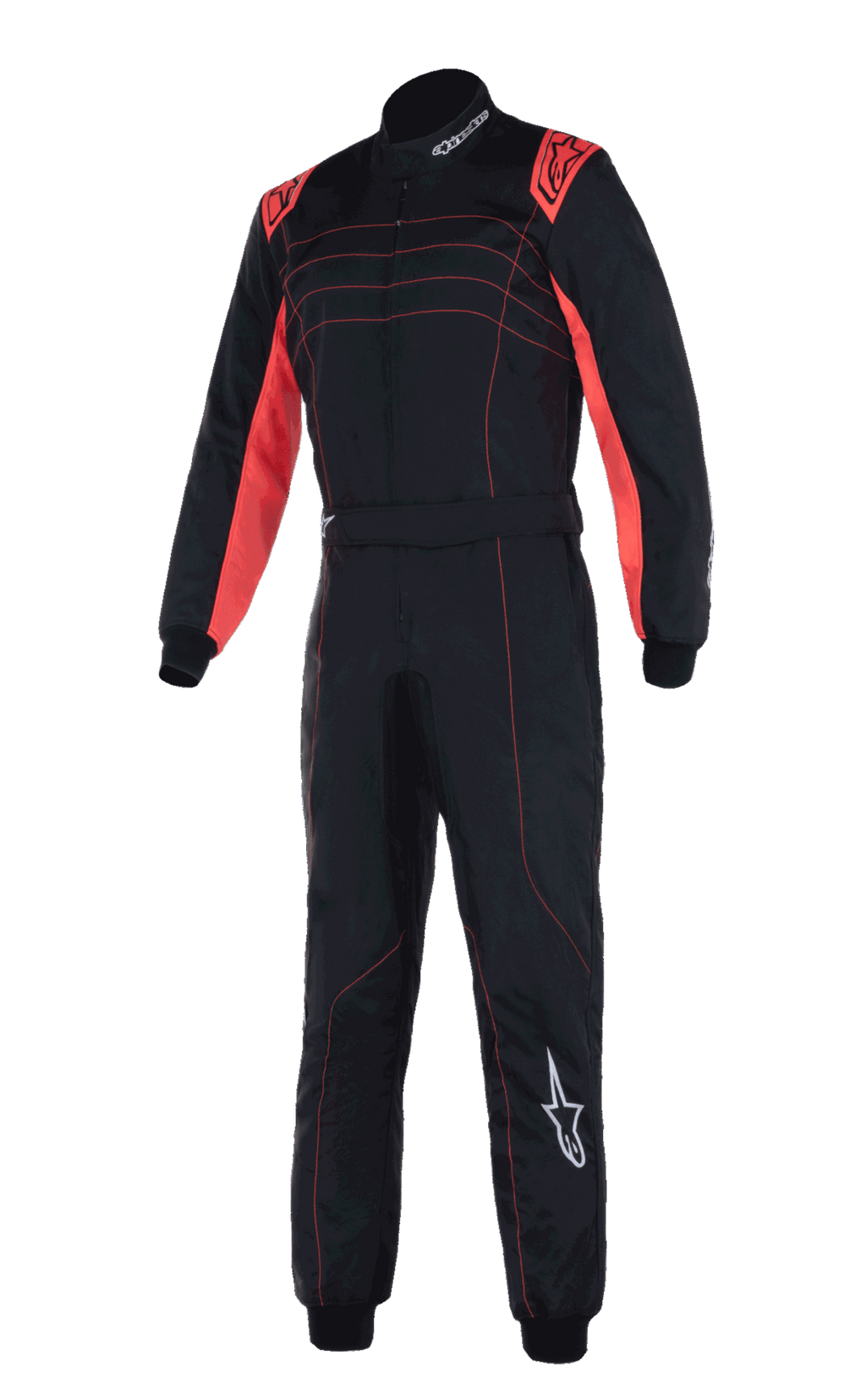 Alpinestars KMX-9 V3 Anzug, professioneller Kart-Rennanzug, Schwarz und Rot Fluo, zweilagige Konstruktion mit roten fluoreszierenden Einsätzen an Schultern und Innenarmen, rote Kontrastnähte, weißes Alpinestars-Logo auf dem linken Bein