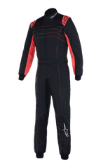 Alpinestars KMX-9 V3 Anzug, professioneller Kart-Rennanzug, Schwarz und Rot Fluo, zweilagige Konstruktion mit roten fluoreszierenden Einsätzen an Schultern und Innenarmen, rote Kontrastnähte, weißes Alpinestars-Logo auf dem linken Bein