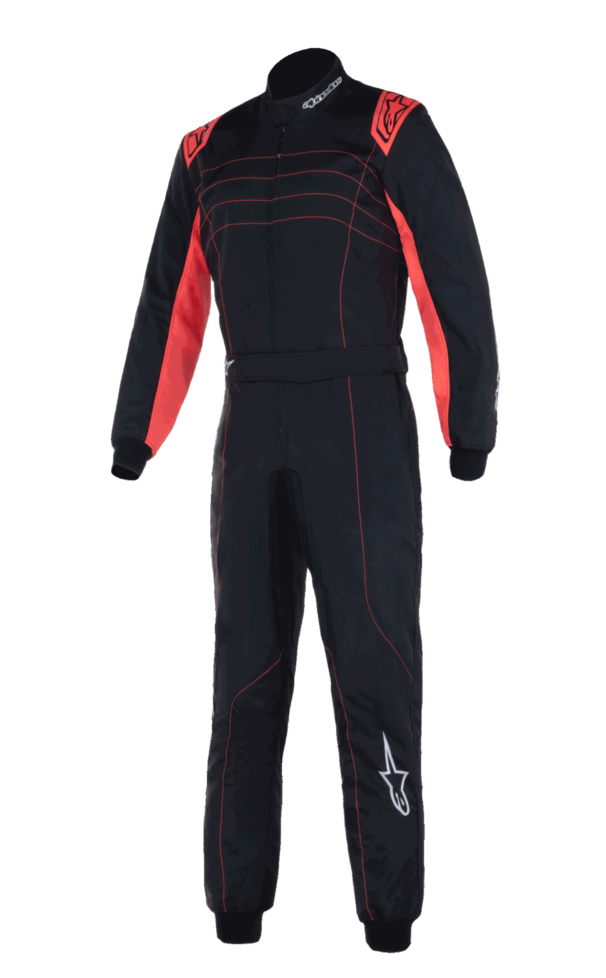 Alpinestars KMX-9 V3 Anzug, professioneller Kart-Rennanzug, Schwarz und Rot Fluo, zweilagige Konstruktion mit roten fluoreszierenden Einsätzen an Schultern und Innenarmen, rote Kontrastnähte, weißes Alpinestars-Logo auf dem linken Bein