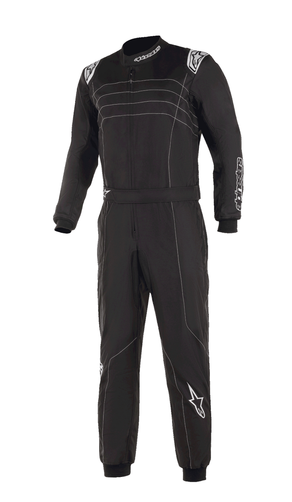 Alpinestars KMX-9 V3 Anzug, schwarz-weißer Kart-Anzug, mit weißen Kontrastnähten und Logos, Einteiler mit verstellbarem Taillengürtel, Strickbündchen, professionelle Motorsport-Optik