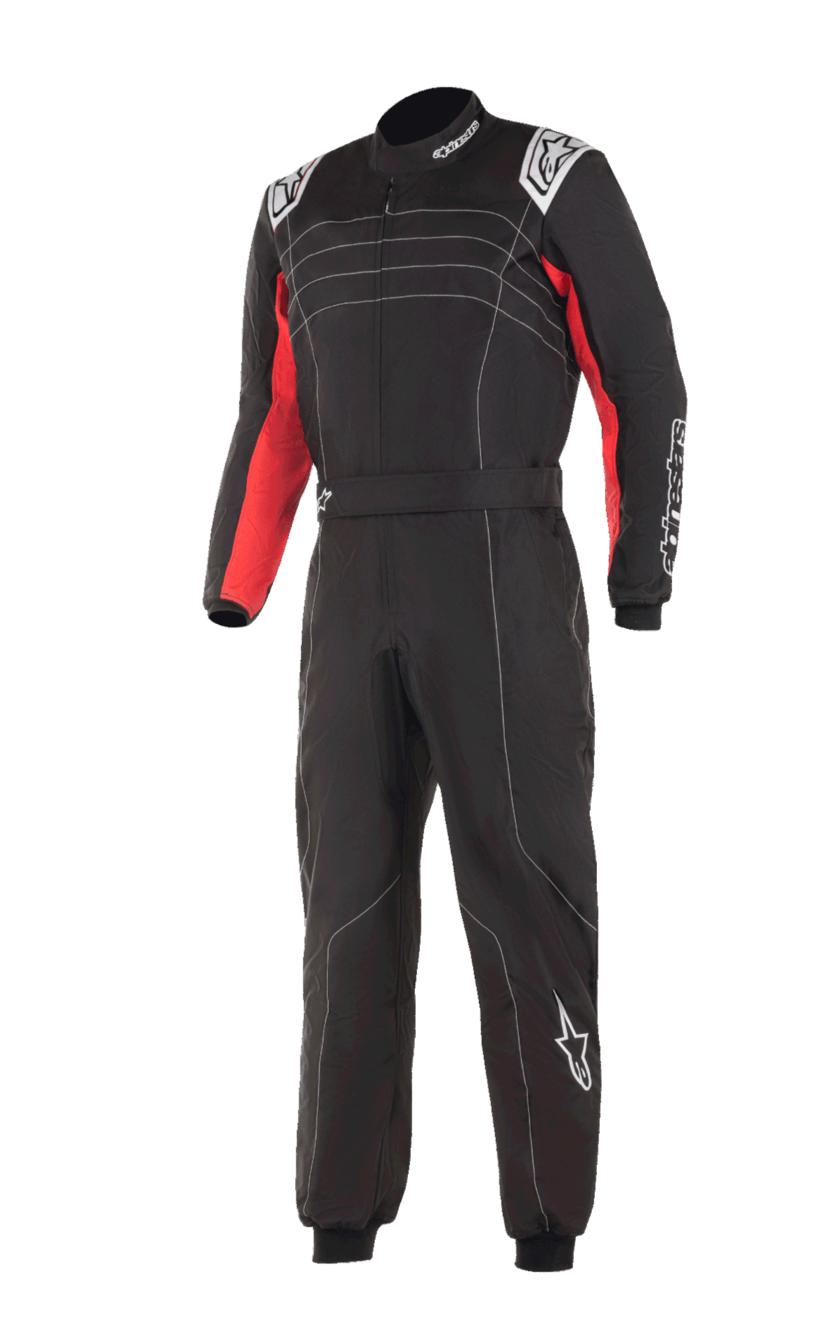 Alpinestars KMX-9 V3 Anzug, Kart-Anzug, Schwarz, Rot und Weiß, mit weißen Kontrastnähten, roten Einsätzen an den Innenarmen, weißem Alpinestars-Branding an Schultern und Bein, professionelle einteilige Motorsport-Rennausrüstung