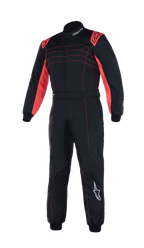 Alpinestars Youth KMX-9 V3 Suit, Karting Racing Suit, Black and Red Fluo, one-piece design with red shoulder accents and stitching, white Alpinestars logos, high-collar construction for youth competition