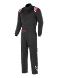 Alpinestars Kart Indoor Suit, Kart-Rennanzug in Schwarz und Rot, rote Schultereinsätze mit weißen Stern-Logos, verstellbarer Taillengürtel mit rotem Alpinestars-Schriftzug, weißes Stern-Logo am unteren linken Bein.