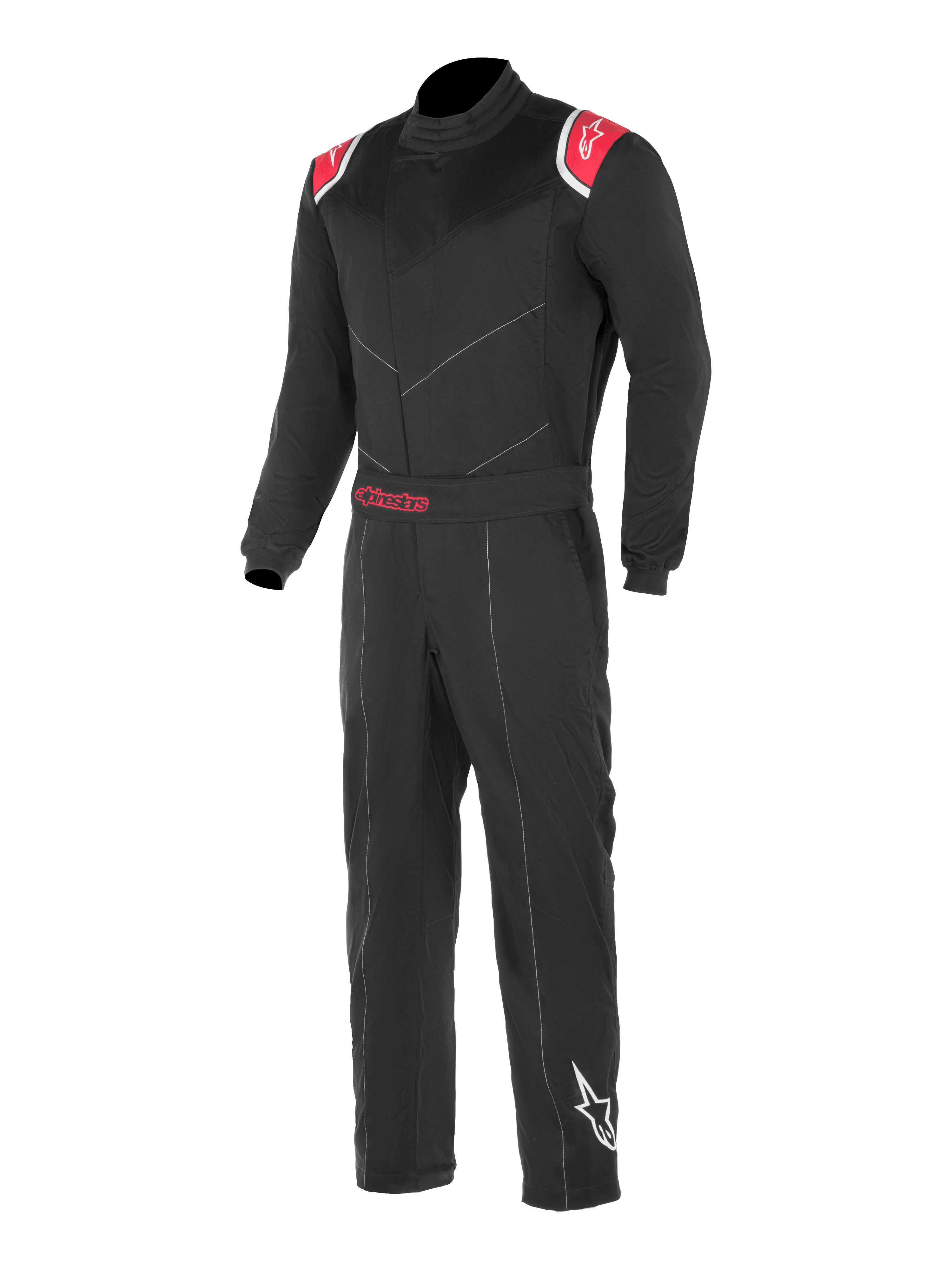 Alpinestars Kart Indoor Suit, Black and Red karting racing suit, featuring red shoulder panels with white star logos, adjustable waist belt with red Alpinestars branding, and white star logo on the lower left leg.