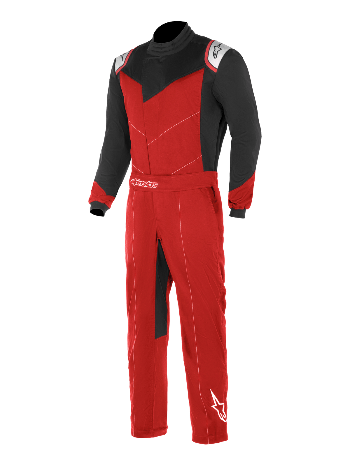 Alpinestars Kart Indoor Suit, Karting Racing Suit, Red and Black with White Accents, black sleeves and upper chest panels, red torso and legs, featuring an asymmetric front opening and adjustable waist belt