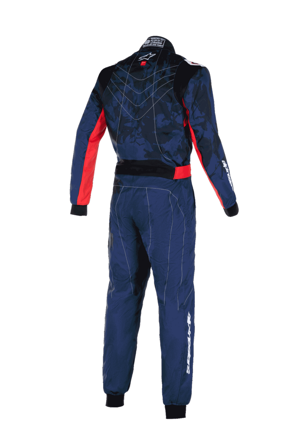 Alpinestars KMX-9 V3 Graphic 5 Anzug, Karting-Anzug, Marineblau und Rot, Rückansicht mit Camouflage-Muster am Oberkörper und roten Seitenakzenten, weißes Alpinestars-Branding an Ärmel und Bein, technische Konstruktion für Rennleistung.