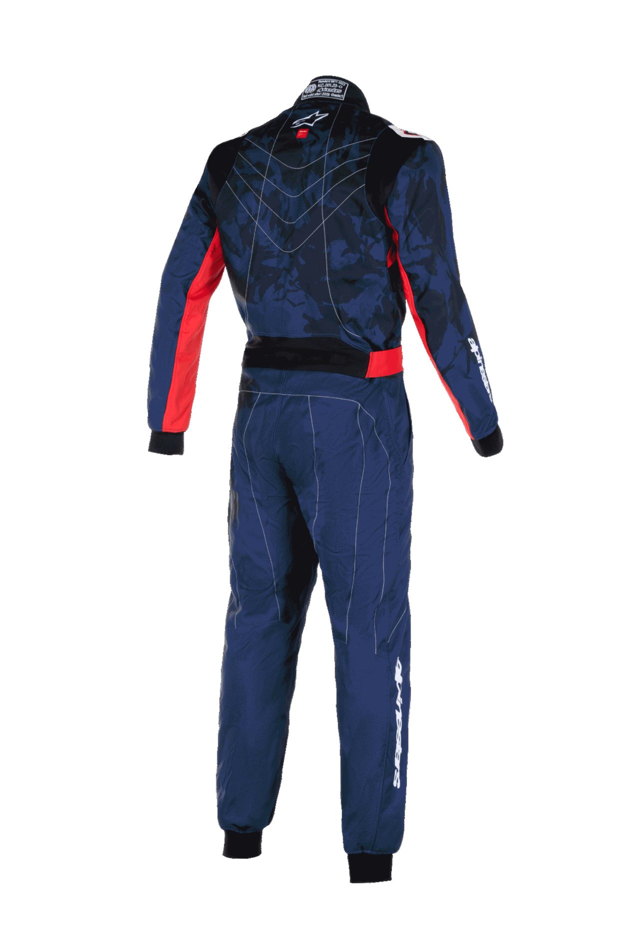 Alpinestars KMX-9 V3 Graphic 5 Anzug, Karting-Anzug, Marineblau und Rot, Rückansicht mit Camouflage-Muster am Oberkörper und roten Seitenakzenten, weißes Alpinestars-Branding an Ärmel und Bein, technische Konstruktion für Rennleistung.