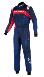 Alpinestars Jugend-KMX-9 V3 Kombi Graphic 5, Kart-Anzug, Navyblau und Rot, mit einem von Camouflage inspirierten Grafikmuster, rotem Bruststreifen mit weißem Alpinestars-Branding und schwarzen Strickbündchen