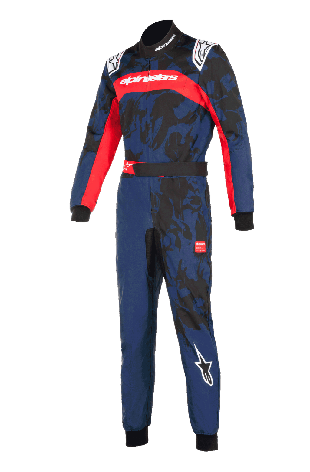 Alpinestars KMX-9 V3 Graphic 5 Anzug, Kart-Anzug in Navy-Rot, marineblau mit schwarzen Camouflage-Grafiken und leuchtend roten Akzenten, verfügt über Alpinestars-Logos auf der Brust, den Schultern und dem Bein, professionelles Rennausrüstungs-Design