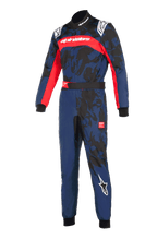 Alpinestars KMX-9 V3 Graphic 5 Anzug, Kart-Anzug in Navy-Rot, marineblau mit schwarzen Camouflage-Grafiken und leuchtend roten Akzenten, verfügt über Alpinestars-Logos auf der Brust, den Schultern und dem Bein, professionelles Rennausrüstungs-Design