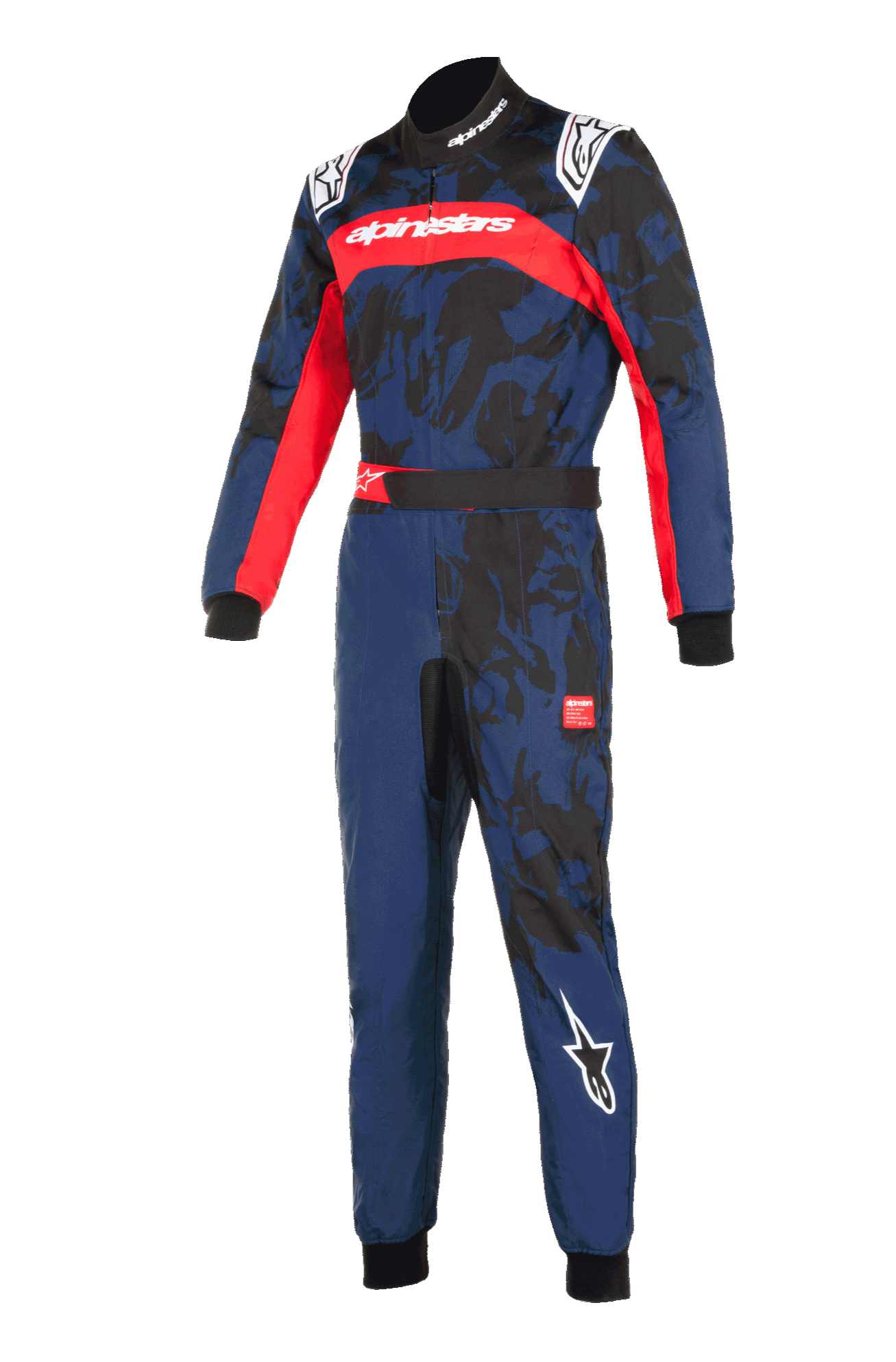 Alpinestars KMX-9 V3 Graphic 5 Anzug, Kart-Anzug in Navy-Rot, marineblau mit schwarzen Camouflage-Grafiken und leuchtend roten Akzenten, verfügt über Alpinestars-Logos auf der Brust, den Schultern und dem Bein, professionelles Rennausrüstungs-Design