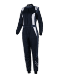 Alpinestars Stella GP Pro Comp V2 Suit, Women's FIA Racing Suit, Black Asphalt and White, long sleeves with high collar, white logos on shoulders and shins, adjustable waist belt, elastic cuffs, aerodynamic design for professional motorsport racing