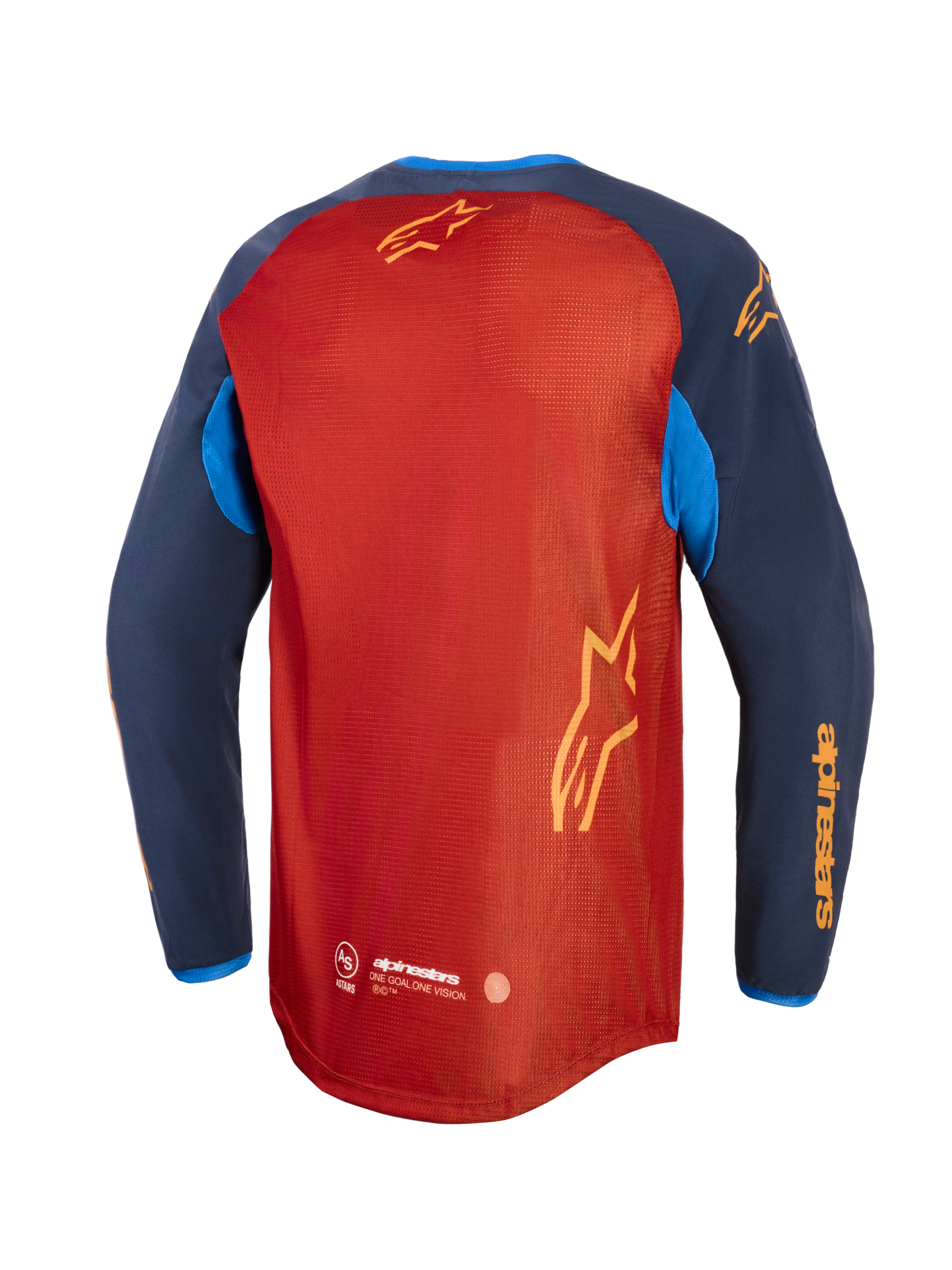 Alpinestars Maxdura Dual Jersey, Adventure-Motorradtrikot, Rostbraun und Mood Indigo mit leuchtend blauen Akzenten, Rückansicht mit vollständigem Mesh-Torso, verlängertem Rückensaum und gelbem Alpinestars-Branding auf den Ärmeln und dem Rücken