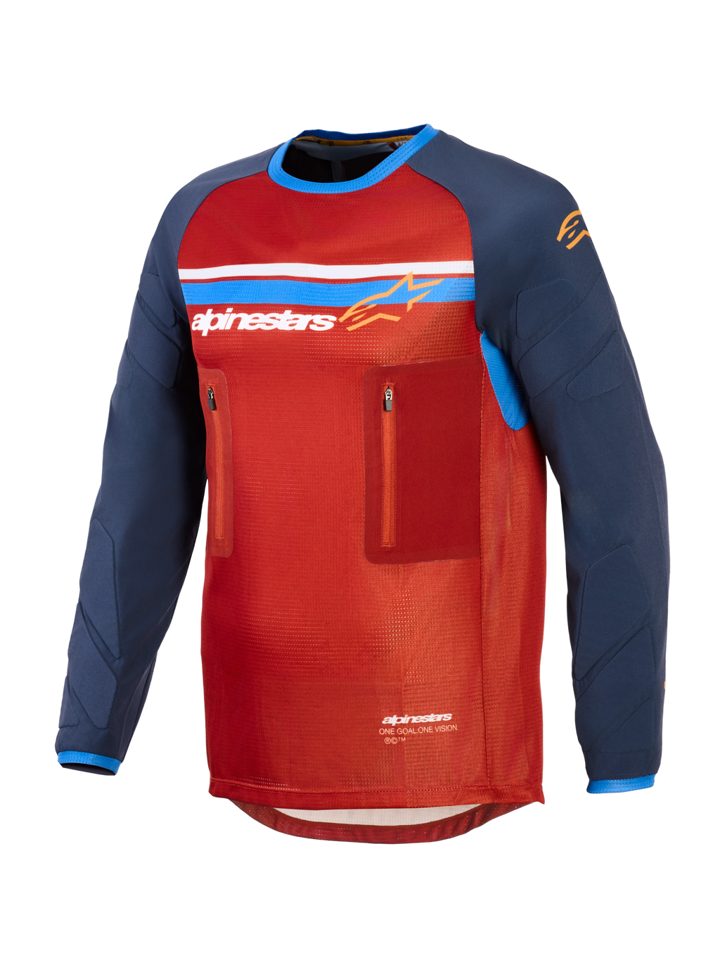 Alpinestars Maxdura Dual Jersey, Rot und Dunkelblau, technisches Adventure-Motorradtrikot mit Mesh-Torso, zwei Brusttaschen mit Reißverschluss, Alpinestars-Logo mit blau-weißen Streifen und langen abriebfesten Ärmeln.