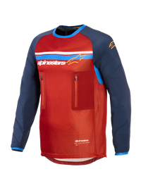 Alpinestars Maxdura Dual Jersey, dual-sport adventure motorcycle jersey, men's off-road riding apparel, rust brown and mood indigo, featuring stretch mesh torso and zippered chest pockets