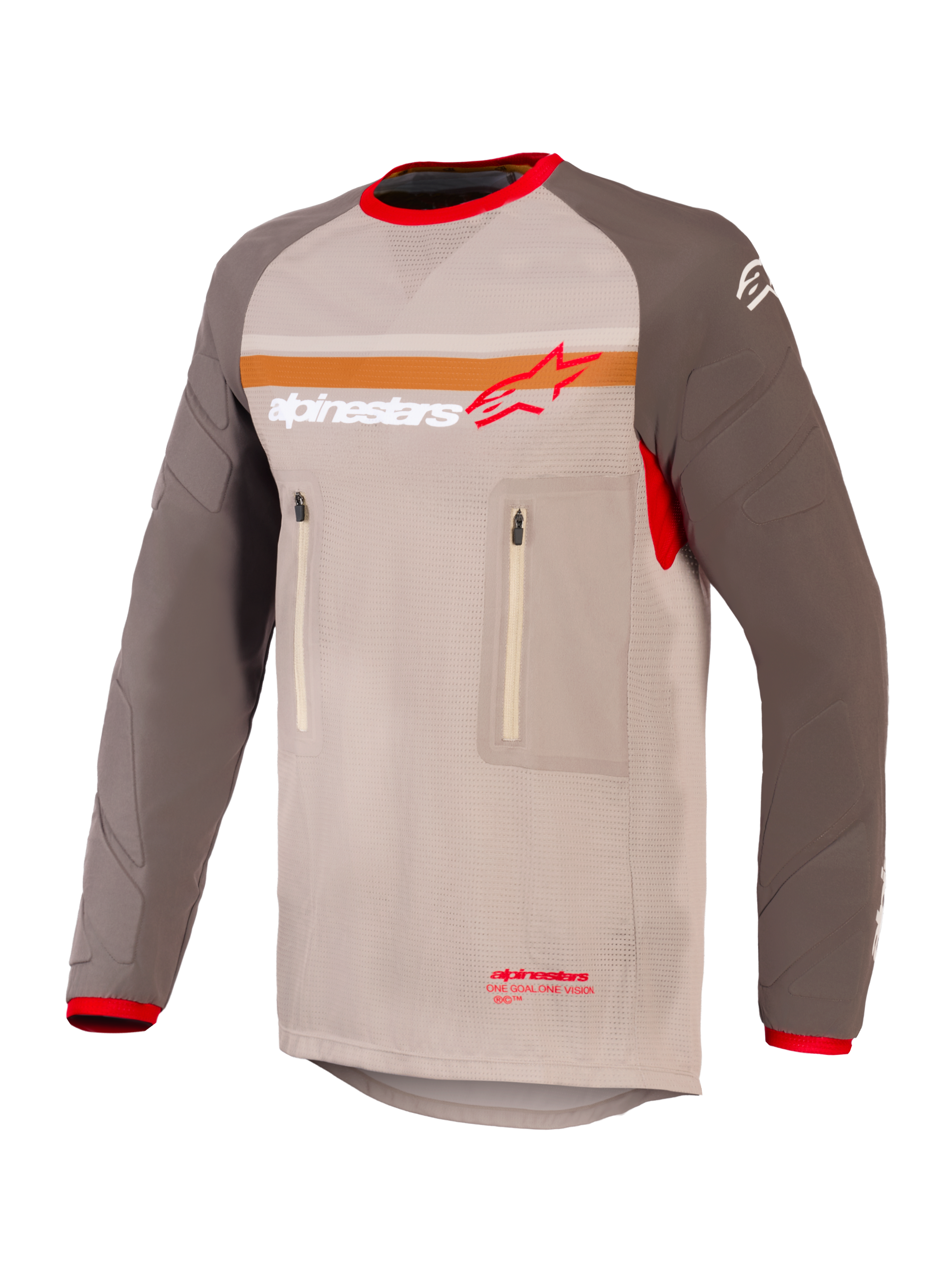 Alpinestars Maxdura Dual Jersey, Adventure- und Dual-Sport-Motorradtrikot, Aluminum Walnut und Braun, Mesh-Torso mit abriebfesten Ärmeln, zwei Brusttaschen mit Reißverschluss, oranger Streifen und Alpinestars-Logo auf der Brust, rote Details an Kragen und Ärmelbündchen