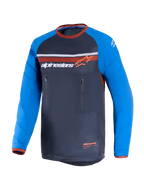 Alpinestars Maxdura Dual Jersey, Dual-Sport-Motorradtrikot, Dunkelgrau und Königsblau, mit Torso aus durchgehendem Mesh-Gewebe, abriebfesten langen Ärmeln mit Verstärkungsmustern, orangen Akzenten und zwei vertikalen Brusttaschen mit Reißverschluss