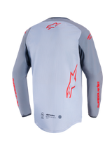 Alpinestars Maxdura Dual Jersey, Rear View, Mid Gray and Dark Gray, featuring red Alpinestars logos on the back and sleeves, mesh torso construction, and extended drop-tail hem.