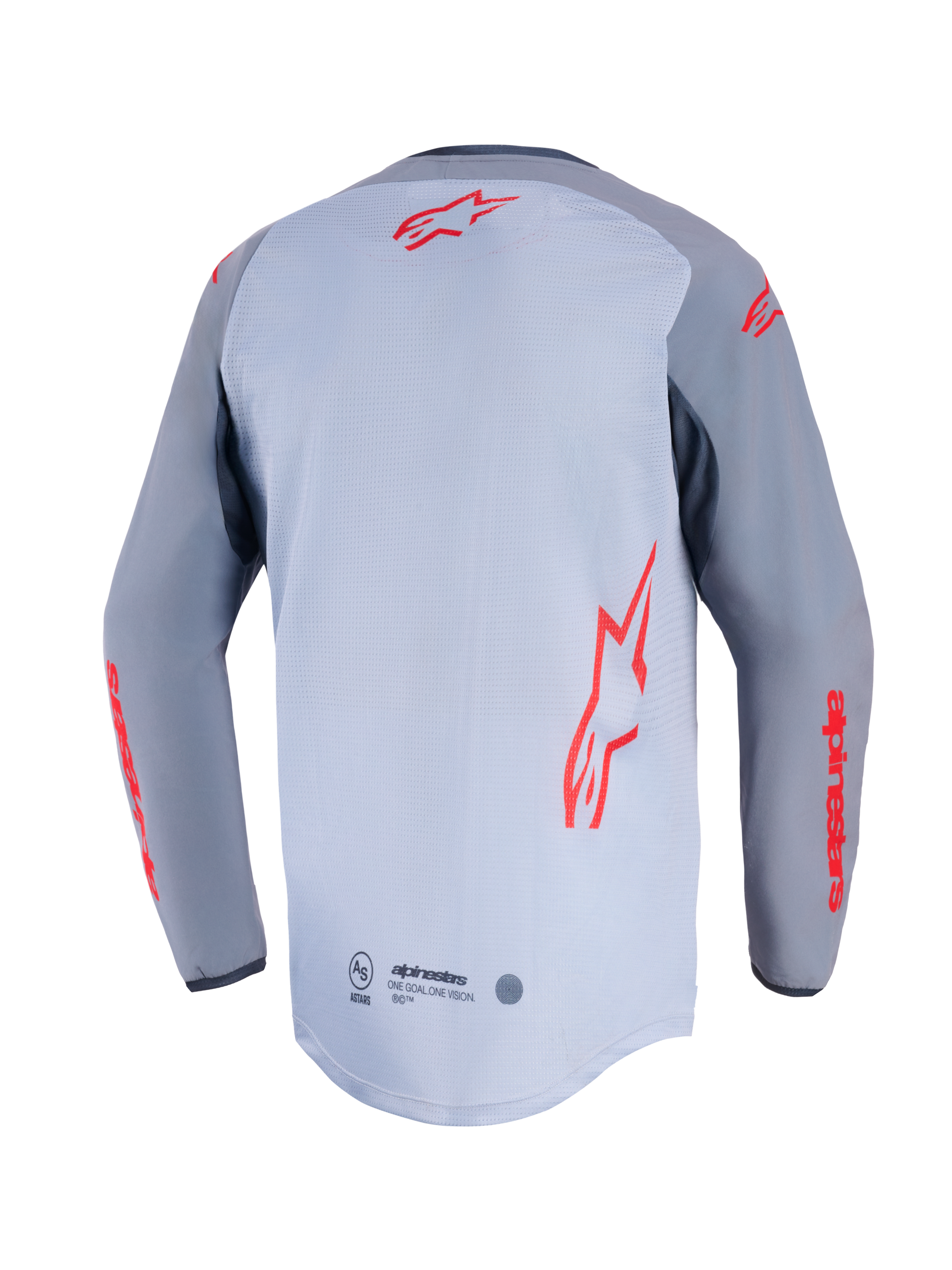 Alpinestars Maxdura Dual Jersey, Rückansicht, Mittelgrau und Dunkelgrau, mit roten Alpinestars-Logos auf dem Rücken und den Ärmeln, Mesh-Konstruktion am Torso und verlängertem Rückensaum