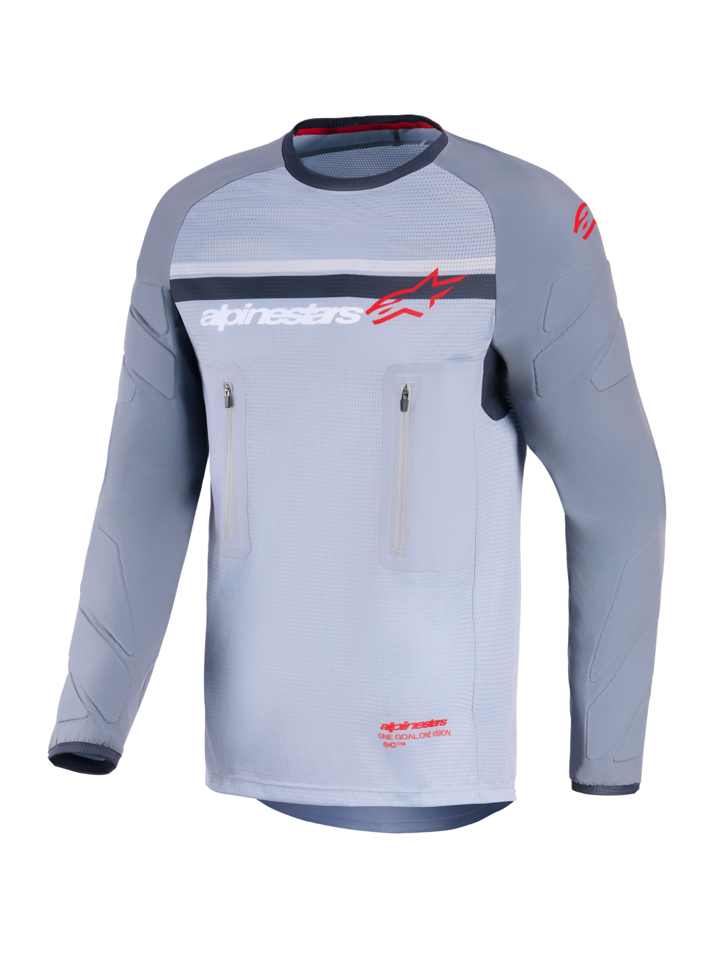 Alpinestars Maxdura Dual Jersey, Adventure-Motorradtrikot, Mittelgrau und Dunkelgrau, Vorderansicht mit vertikalen Brusttaschen mit Reißverschluss, abriebfeste Ärmel mit integrierter Polsterung, Alpinestars-Logo in Rot und Weiß, Performance-Ausrüstung für Offroad-Fahrten