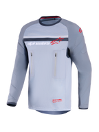 Alpinestars Maxdura Dual Jersey, Adventure-Motorradtrikot, Mittelgrau und Dunkelgrau, Vorderansicht mit vertikalen Brusttaschen mit Reißverschluss, abriebfeste Ärmel mit integrierter Polsterung, Alpinestars-Logo in Rot und Weiß, Performance-Ausrüstung für Offroad-Fahrten