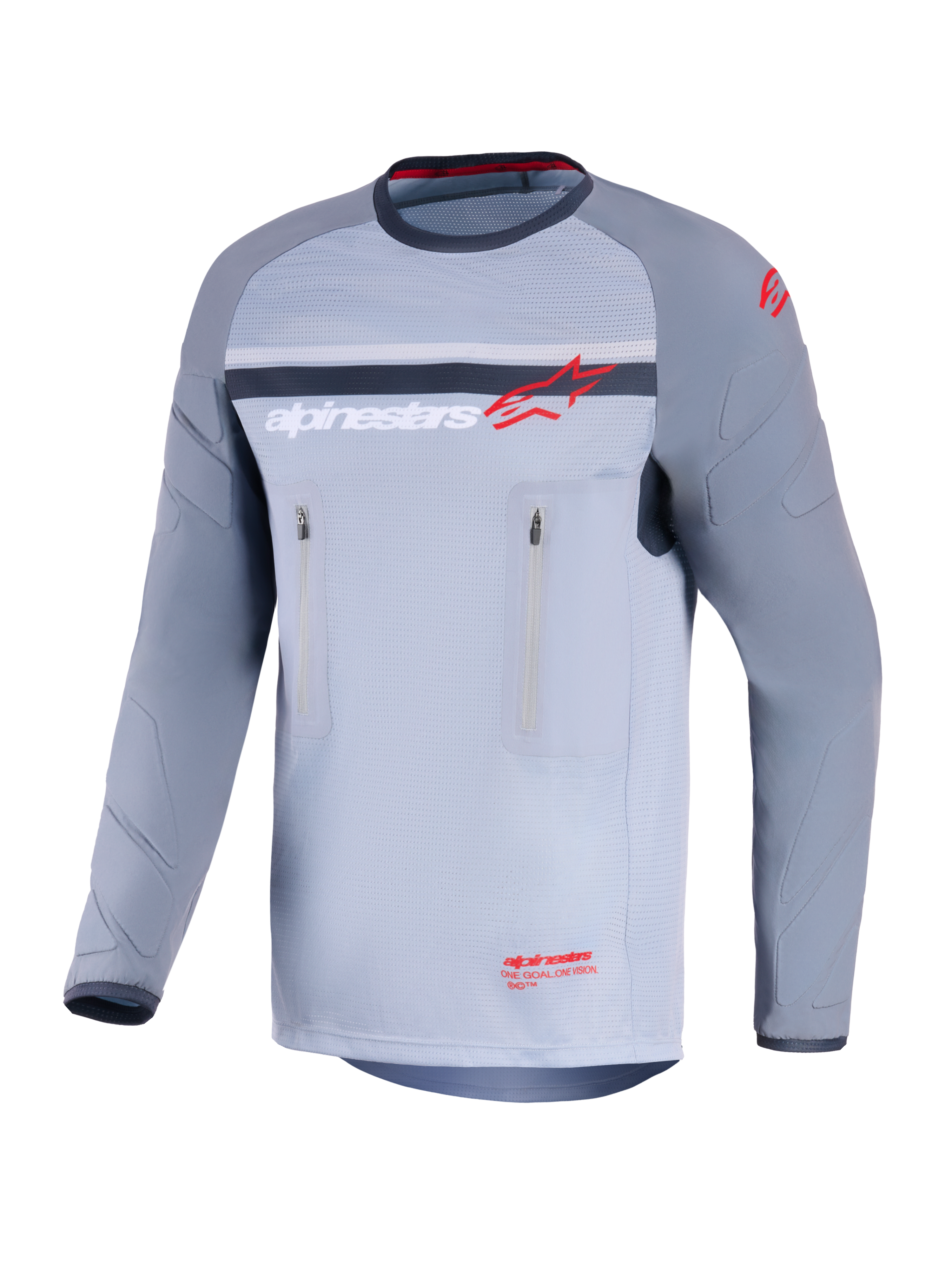 Alpinestars Maxdura Dual Jersey, Adventure-Motorradtrikot, Mittelgrau und Dunkelgrau, Vorderansicht mit vertikalen Brusttaschen mit Reißverschluss, abriebfeste Ärmel mit integrierter Polsterung, Alpinestars-Logo in Rot und Weiß, Performance-Ausrüstung für Offroad-Fahrten