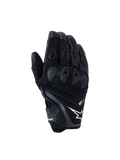 Alpinestars SP-R Pro Gloves, Black motorcycle racing gloves featuring a white star logo and red pro text, divided TPU knuckle protection and reinforced finger panels, premium leather and textile construction for sport riding
