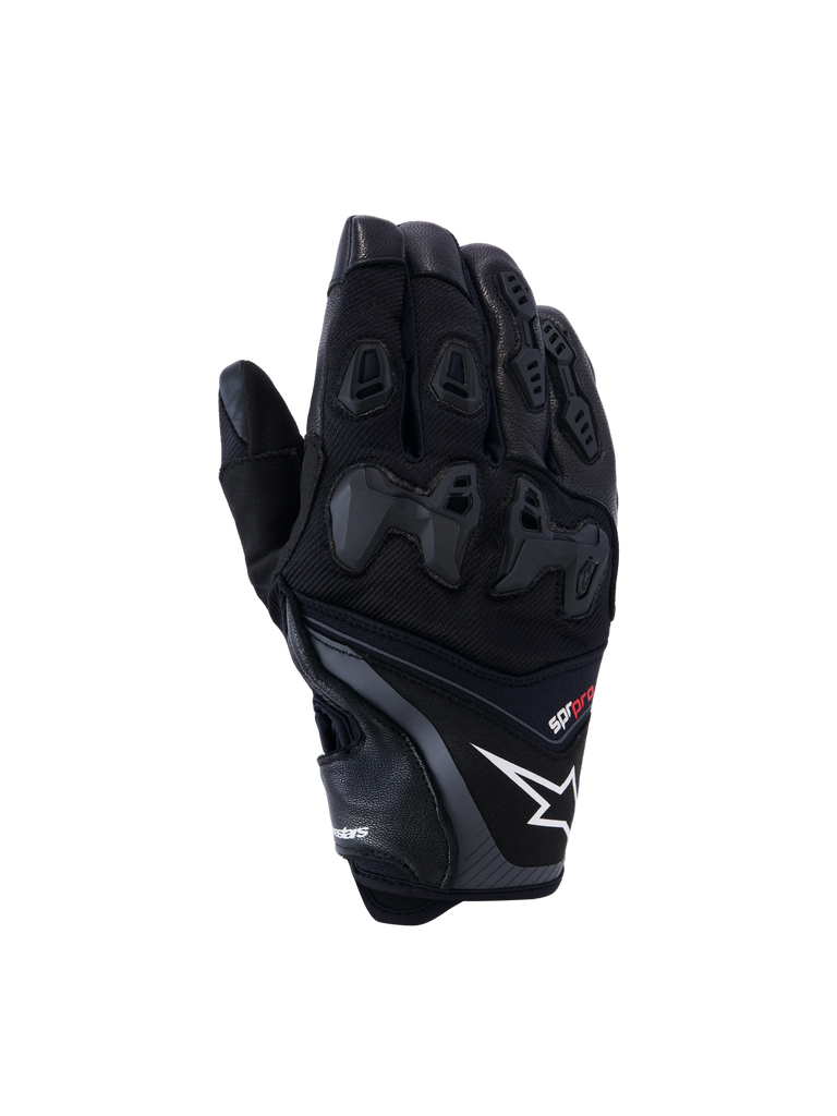 Alpinestars SP-R Pro Handschuhe, Motorrad-Sporthandschuhe, Schwarz mit Weißem Logo und Rotem Text, Verstärkte Knöchel- und Fingerprotektoren, Texturierte Polsterung, Belüftungsöffnungen, Langlebiges Material für maximale Sicherheit