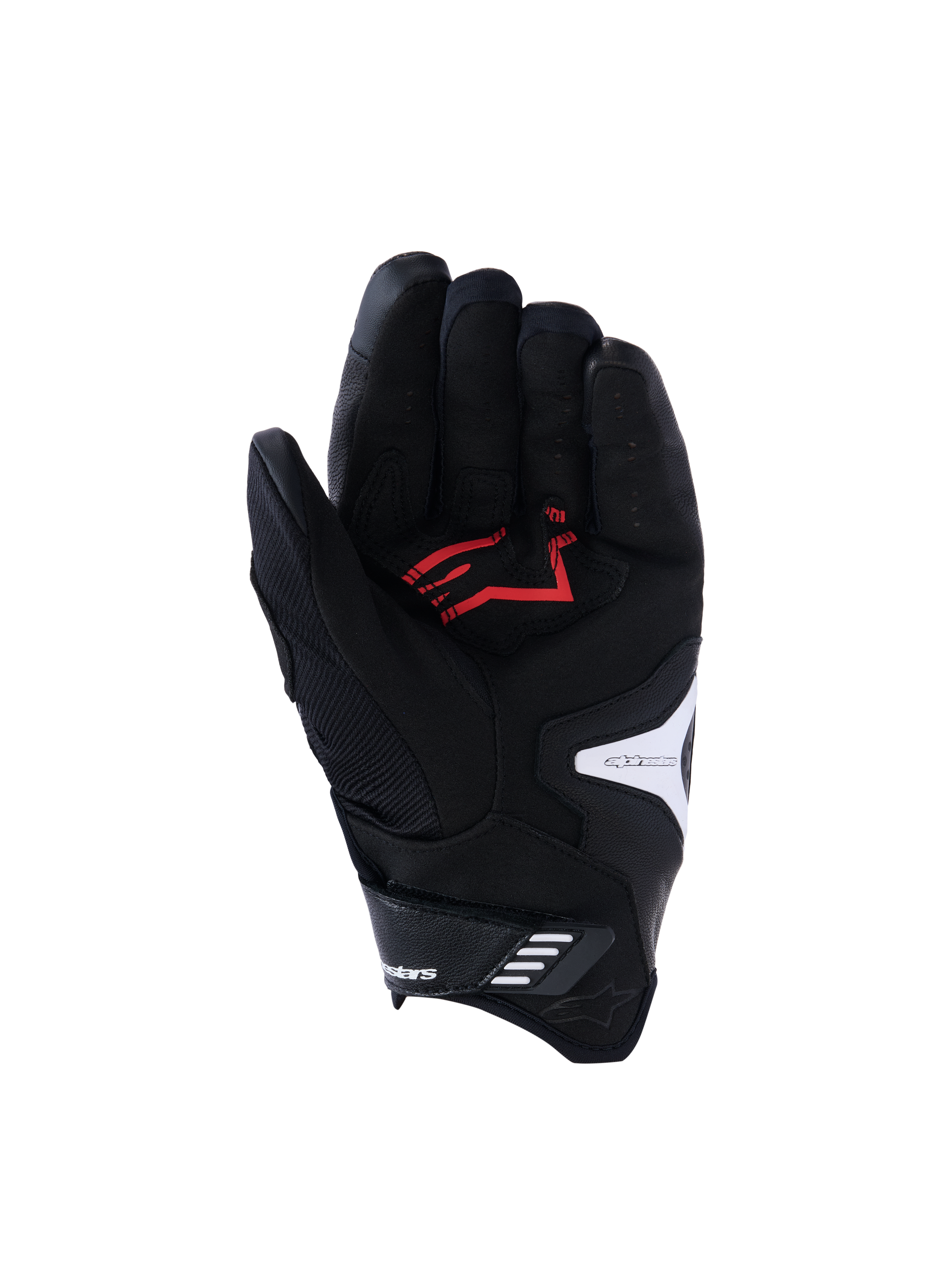 Alpinestars SP-R Pro Handschuhe, Ansicht der Handinnenfläche, Schwarz, Weiß und leuchtendes Rot, mit verstärkter Handfläche aus Synthetikleder und rotem Logo, perforierten Lederfingern und weißen Logo-Akzenten, konzipiert für sportliches Motorradfahren