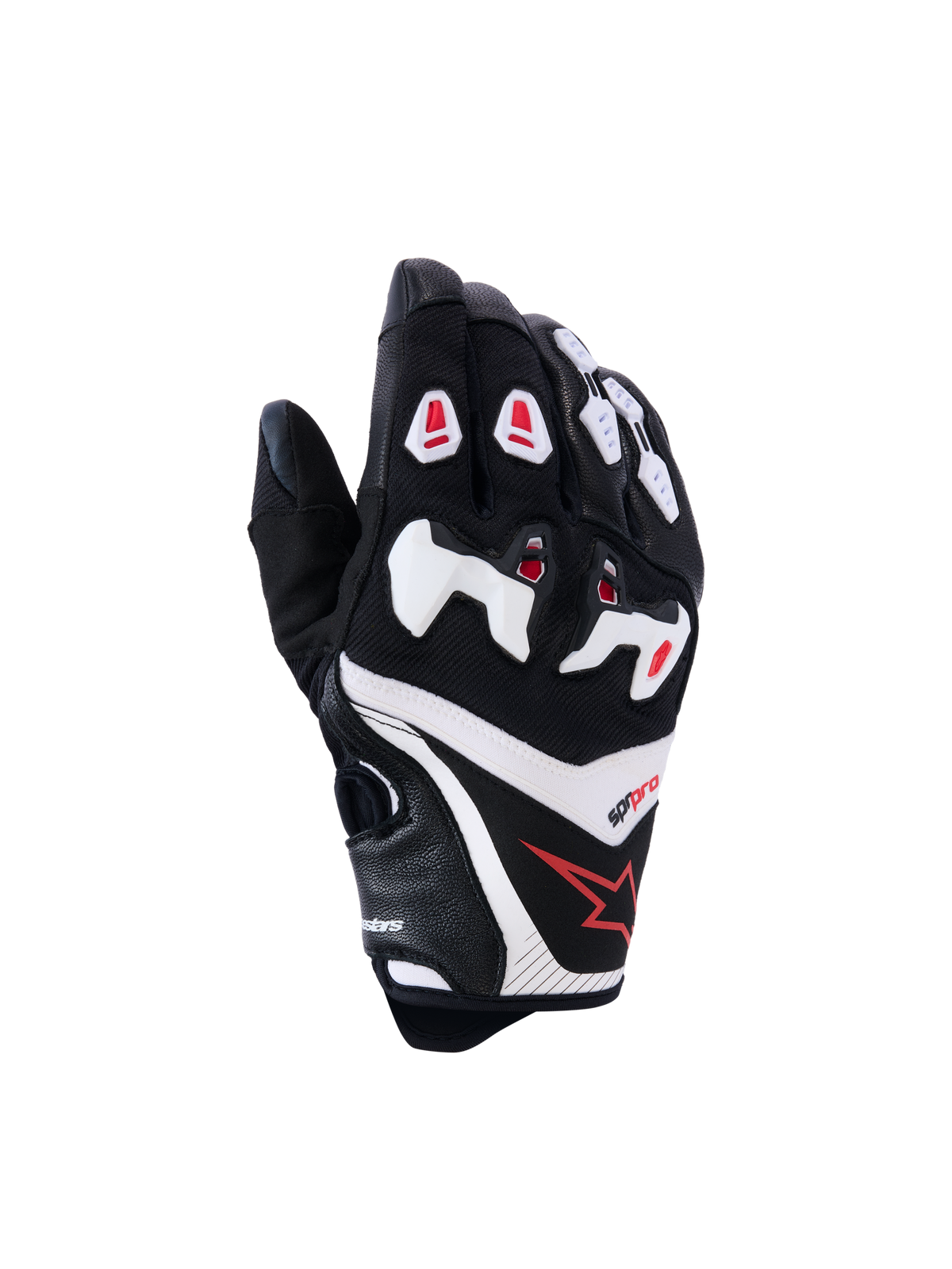 Alpinestars SP-R Pro Handschuhe, Motorrad-Rennhandschuhe, Schwarz mit weißen und roten Akzenten, Rückhandansicht mit geteiltem TPU-Knöchelschutz, Konstruktion aus strukturiertem Leder und Mesh, rotes Stern-Logo am Handgelenk