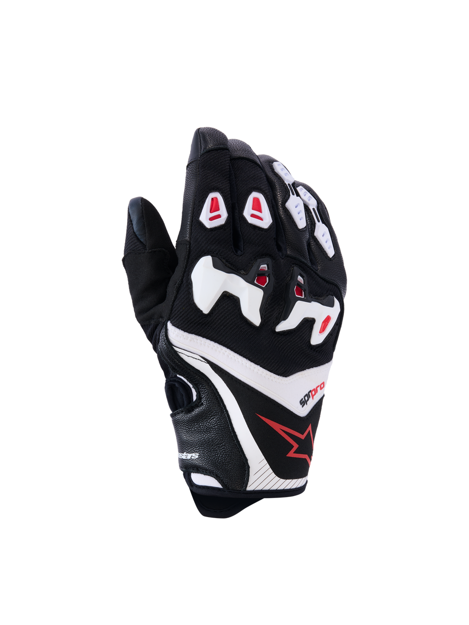 Alpinestars SP-R Pro Handschuhe, Motorrad-Rennhandschuhe, Schwarz mit weißen und roten Akzenten, Rückhandansicht mit geteiltem TPU-Knöchelschutz, Konstruktion aus strukturiertem Leder und Mesh, rotes Stern-Logo am Handgelenk