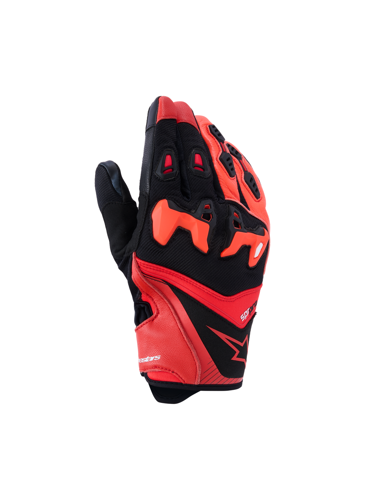 Alpinestars SP-R Pro Handschuhe, Motorrad-Sporthandschuhe, Hellrot, Fluo-Rot und Schwarz, mit geteiltem TPU-Knöchelschutz, perforierten Lederfingern zur Belüftung und einem eleganten Design aus Ziegenleder und Textil mit dem Alpinestars-Sternlogo.