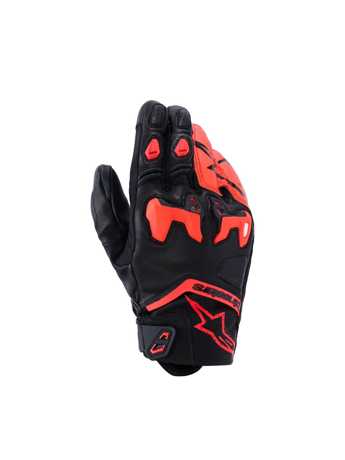 Alpinestars SP-R Tech Handschuhe, Motorradhandschuhe mit kurzer Manschette, Schwarz und Fluor-Rot, geteilter TPU-Knöchelschutz, Konstruktion aus hochwertigem Ziegenleder, Alpinestars Stern-Logo am Handgelenk