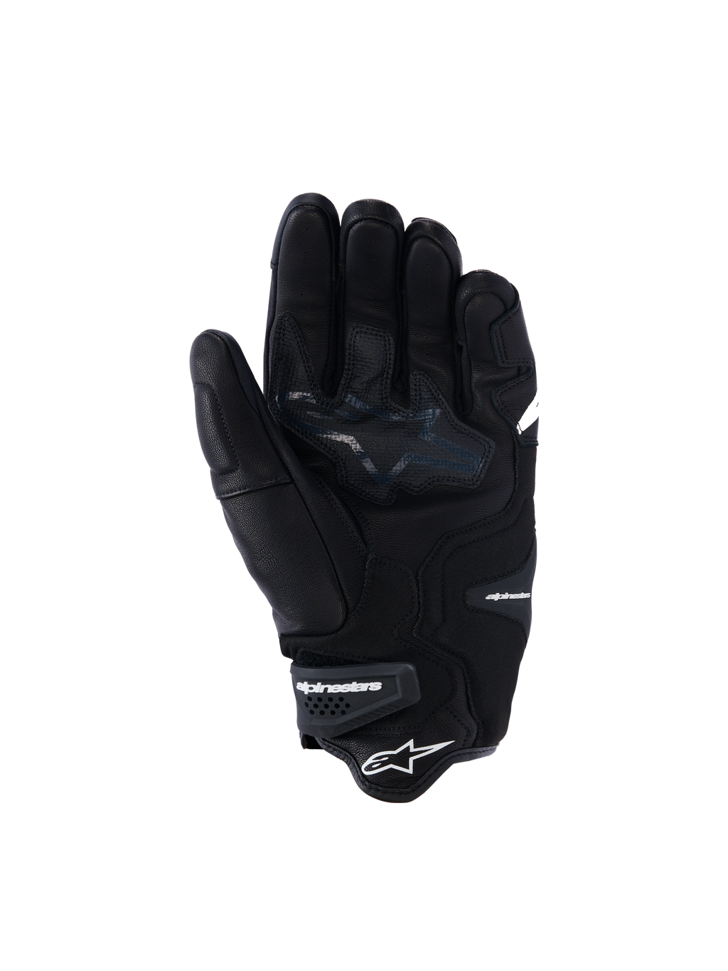 Alpinestars SP-R Tech Handschuhe, schwarze Motorradhandschuhe aus Leder, Handflächenansicht mit verstärkten Griffzonen und Stern-Logo, elastisches Handgelenk mit Alpinestars-Branding, sportliche Fahrausrüstung aus Ziegenleder
