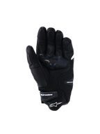 Alpinestars SP-R Tech Handschuhe, schwarze Motorradhandschuhe aus Leder, Handflächenansicht mit verstärkten Griffzonen und Stern-Logo, elastisches Handgelenk mit Alpinestars-Branding, sportliche Fahrausrüstung aus Ziegenleder