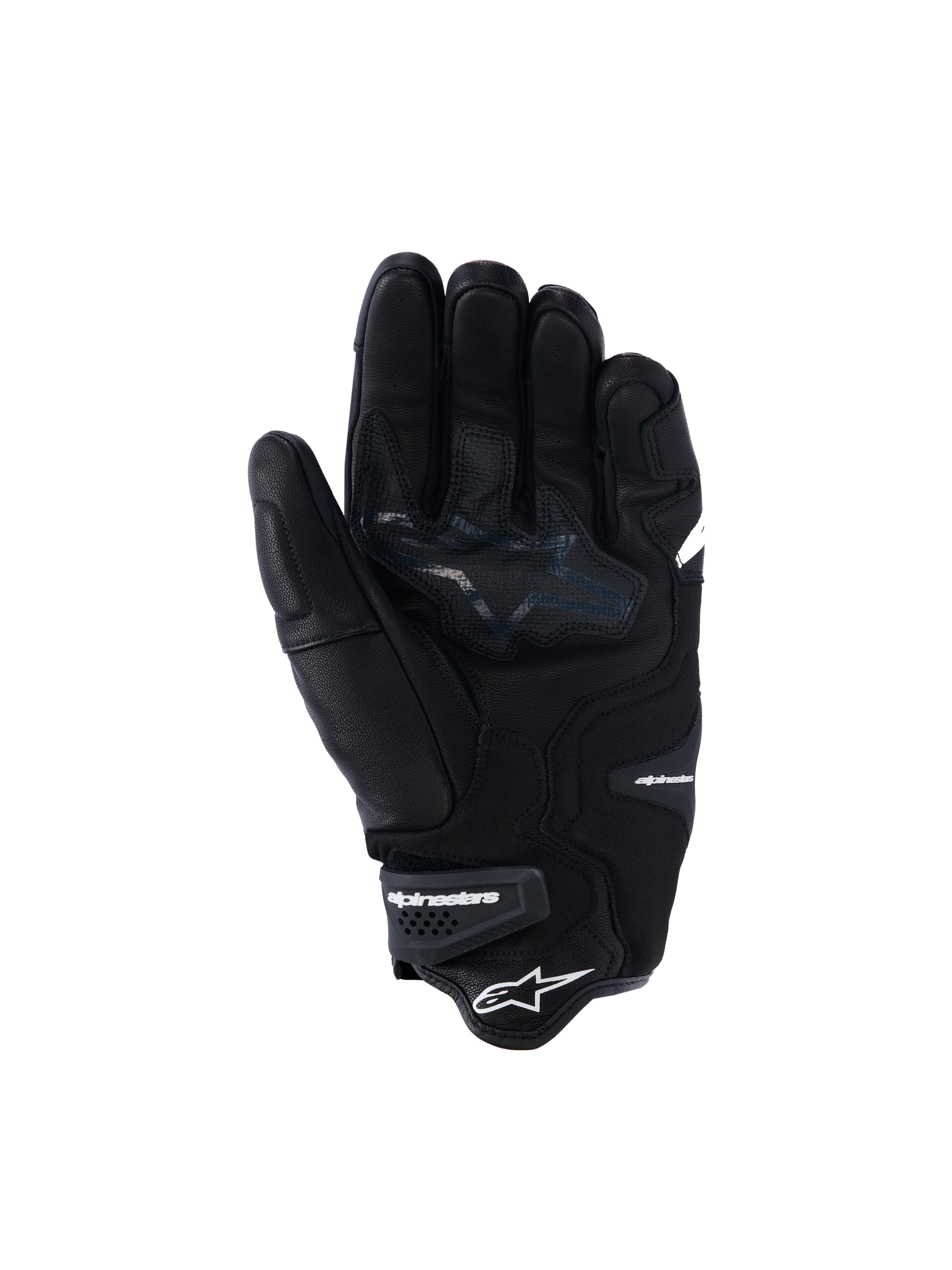 Alpinestars SP-R Tech Handschuhe, schwarze Motorradhandschuhe aus Leder, Handflächenansicht mit verstärkten Griffzonen und Stern-Logo, elastisches Handgelenk mit Alpinestars-Branding, sportliche Fahrausrüstung aus Ziegenleder