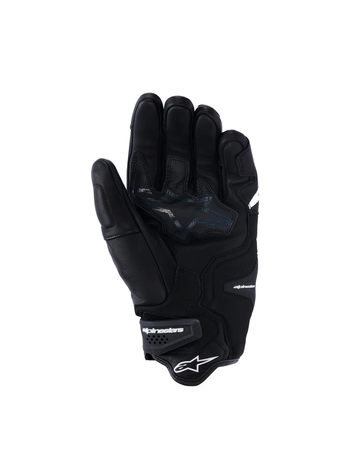 Alpinestars SP-R Tech Gloves, black motorcycle racing glove, palm view showing leather construction, reinforced grip insert and adjustable wrist closure