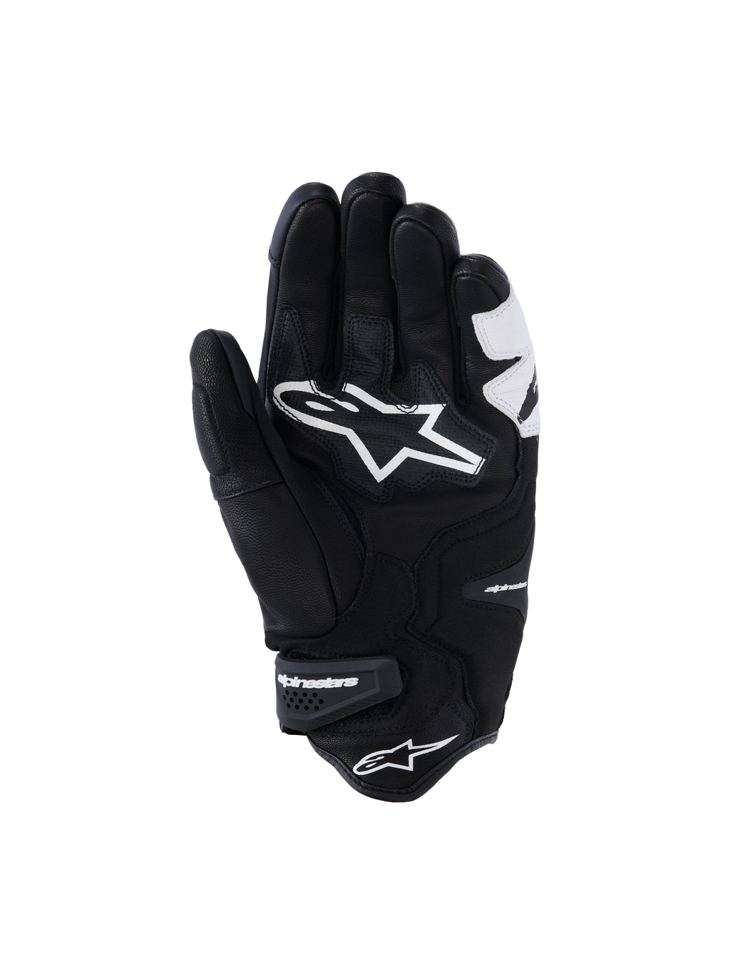 Alpinestars SP-R Tech Handschuhe, Schwarz und Weiß, Handflächenansicht mit verstärkter Lederkonstruktion, großes weißes Alpinestars-Logo auf der Handfläche, kurze Manschette mit Klettverschluss mit Markenlogo, Sport- und Rennmotorradhandschuhe