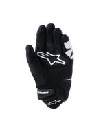 Alpinestars SP-R Tech Handschuhe, Schwarz und Weiß, Handflächenansicht mit verstärkter Lederkonstruktion, großes weißes Alpinestars-Logo auf der Handfläche, kurze Manschette mit Klettverschluss mit Markenlogo, Sport- und Rennmotorradhandschuhe