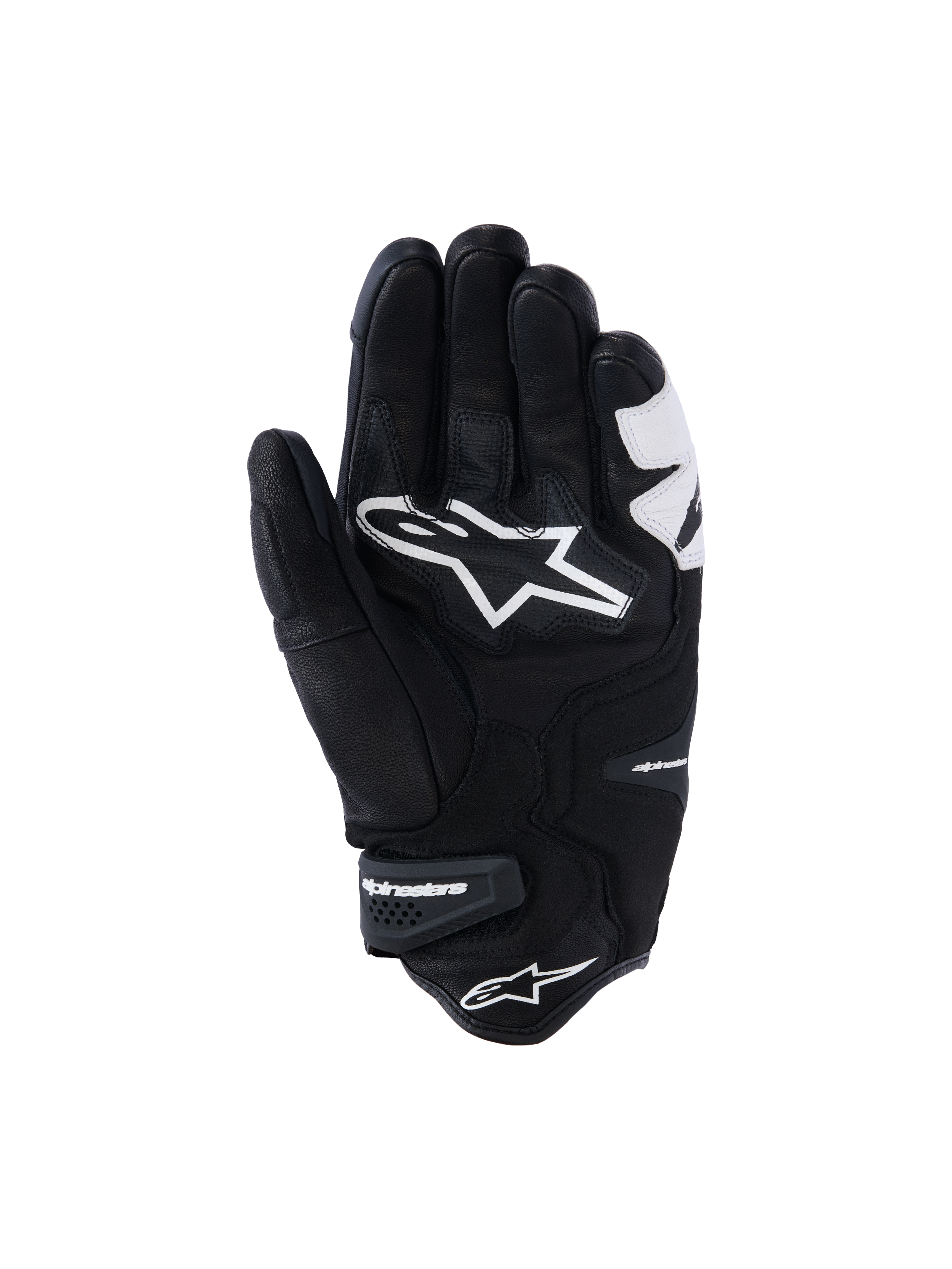 Alpinestars SP-R Tech Handschuhe, Schwarz und Weiß, Handflächenansicht mit verstärkter Lederkonstruktion, großes weißes Alpinestars-Logo auf der Handfläche, kurze Manschette mit Klettverschluss mit Markenlogo, Sport- und Rennmotorradhandschuhe