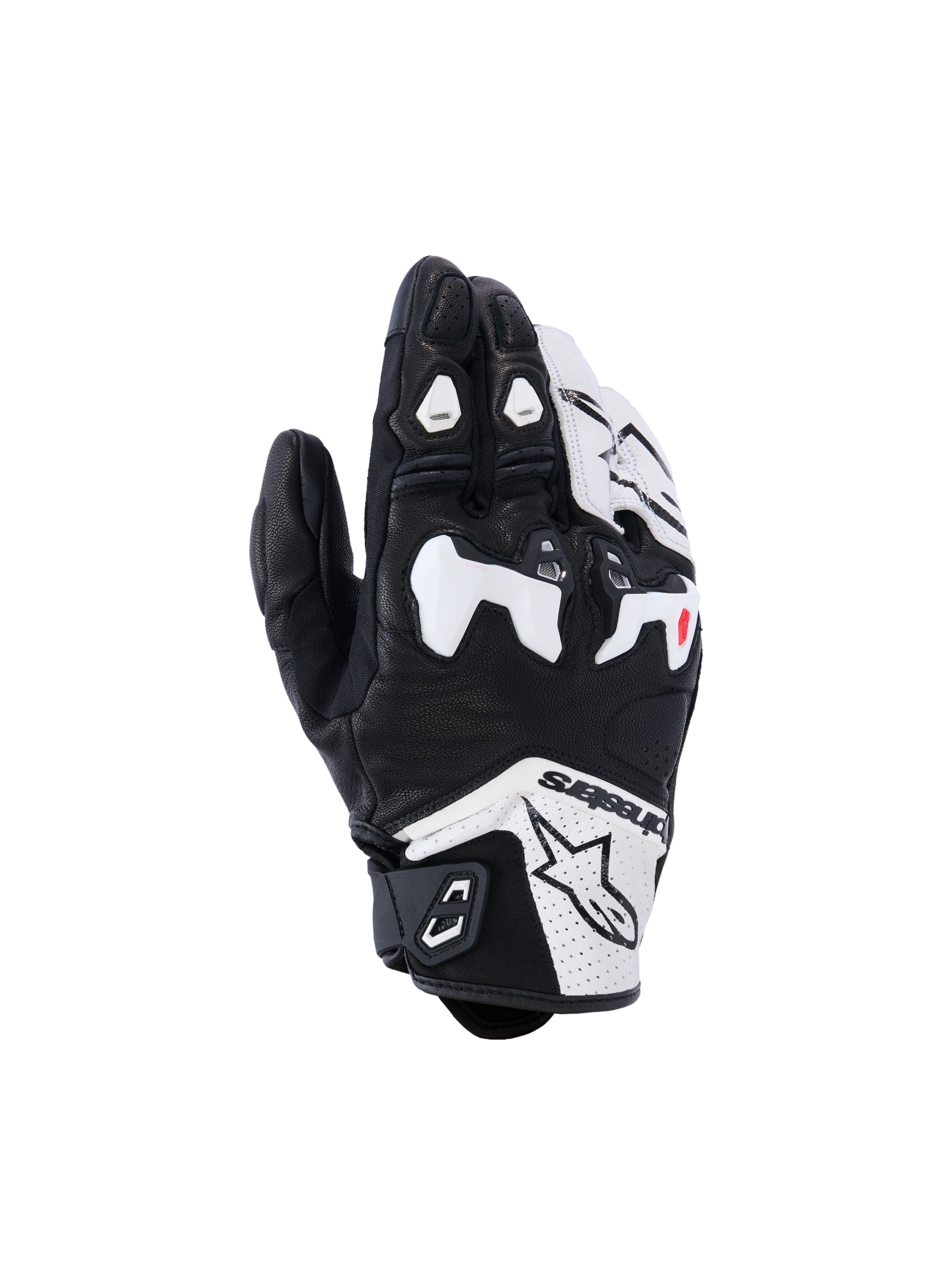 Alpinestars SP-R Tech Handschuhe, Motorrad-Rennhandschuhe, Schwarz und Weiß, weißer geteilter TPU-Knöchelschutz, perforierte Lederkonstruktion, Alpinestars-Branding an der Manschette, rote Akzente an den Fingern, sportliches Design mit kurzer Manschette.
