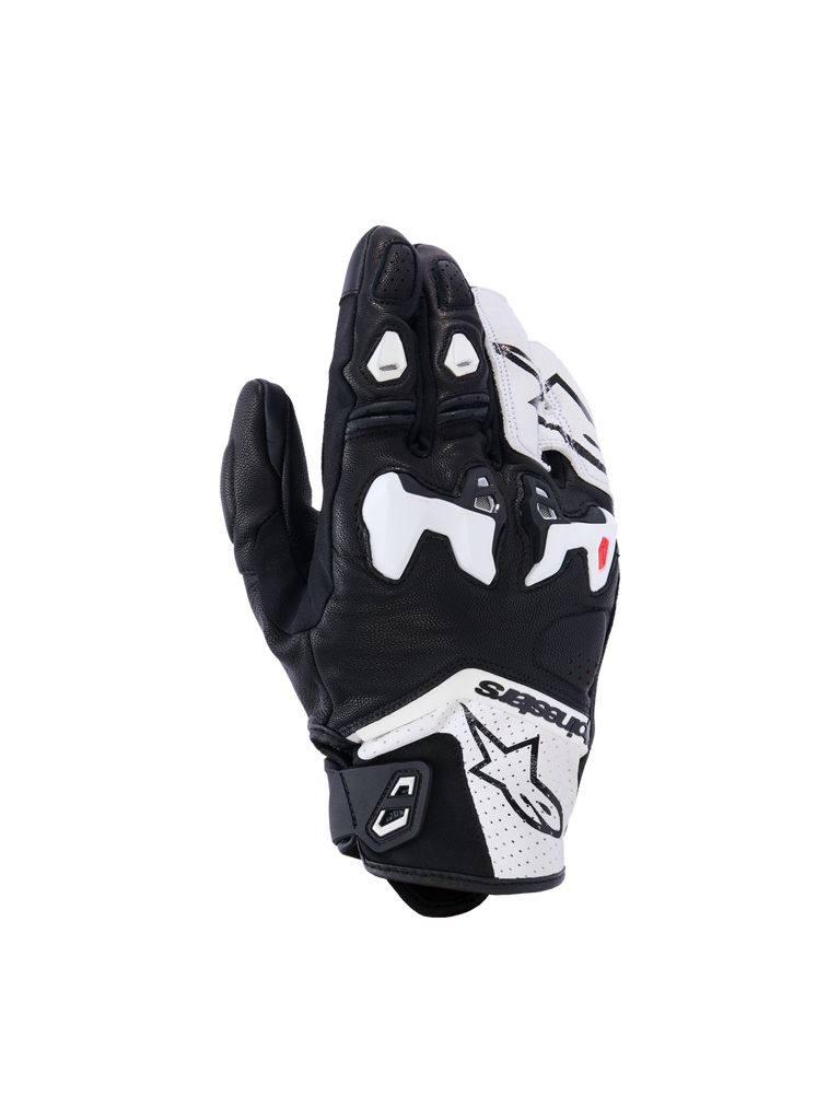 Alpinestars SP-R Tech Handschuhe, Motorrad-Sporthandschuhe, Schwarz und Weiß, Knöchelprotektoren, Perforierte Belüftung, Rotes Detail am Finger, Texturierte Griffflächen
