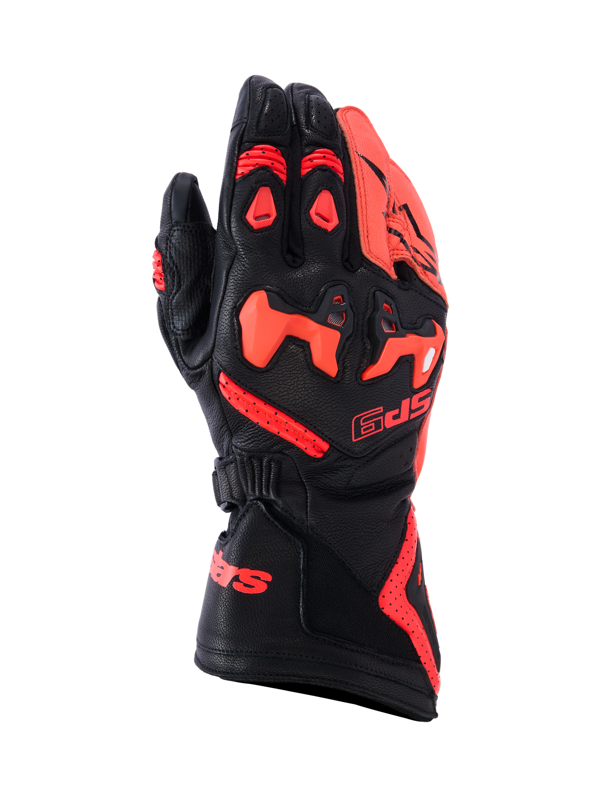 Alpinestars SP-9 Handschuhe, Motorradhandschuhe, Schwarz und Rot, Leder mit texturierter Oberfläche, Knöchelschutz, Belüftungslöcher, verstellbarer Handgelenksgurt, sportliches Design