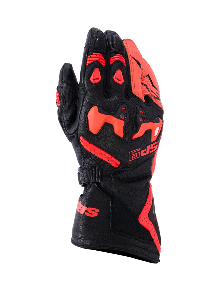Alpinestars SP-9 Handschuhe, Renn- und Sport-Motorradhandschuhe, Schwarz und Fluo-Rot, Konstruktion aus vollnarbigem Ziegenleder mit geteiltem SP-R TPU-Knöchelschutz, perforierte Rückhand für Luftzirkulation, lange Manschette mit markantem rotem Branding, Hochleistungs-Schutzausrüstung für sportliches Fahren.