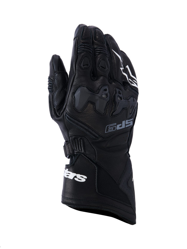 Alpinestars SP-9 Handschuhe, schwarze Motorrad-Rennhandschuhe, Vollnarbenleder mit SP-R TPU-Knöchelschutz, lange Manschette mit weißem Alpinestars-Logo, perforierte Details und ergonomisches Sport-Design