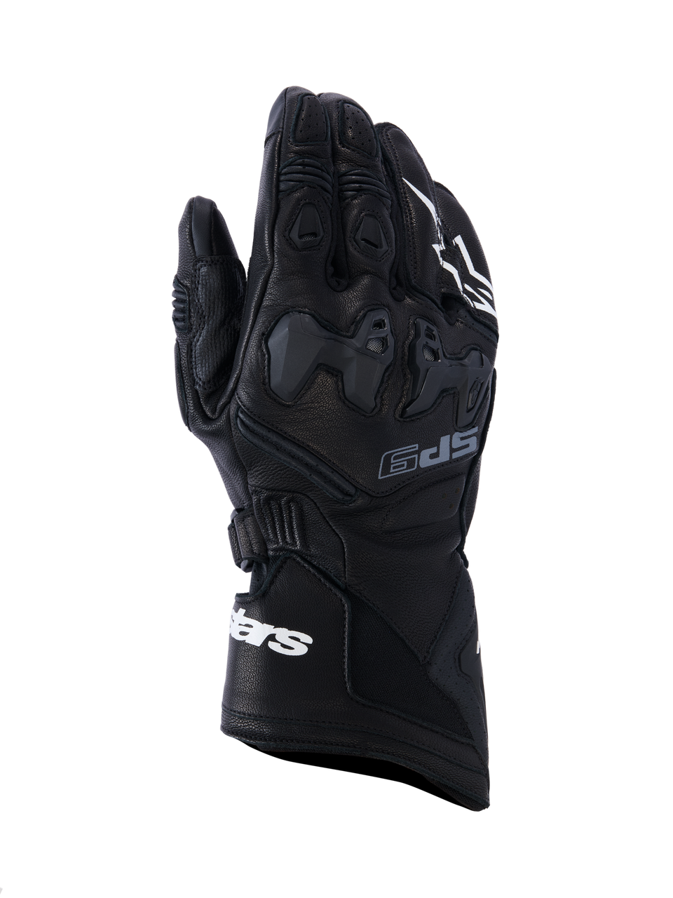 Alpinestars SP-9 Gloves, Black Motorcycle Racing Gloves, Textured Leather with Protective Knuckle and Finger Armor, White Branding, Ergonomic Design with Secure Wrist Strap